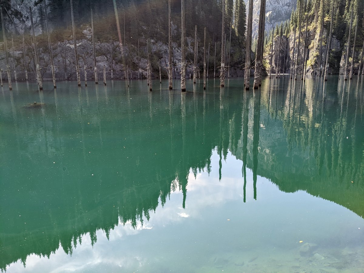 Kaindy Lake submerged forest — turquoise water and dead spruce trees, Kazakhstan