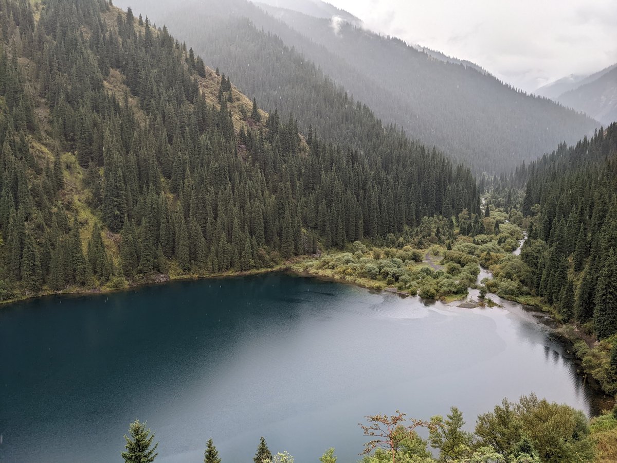 Far side of Kolsai Lake 1 — moody mountain atmosphere away from the crowds
