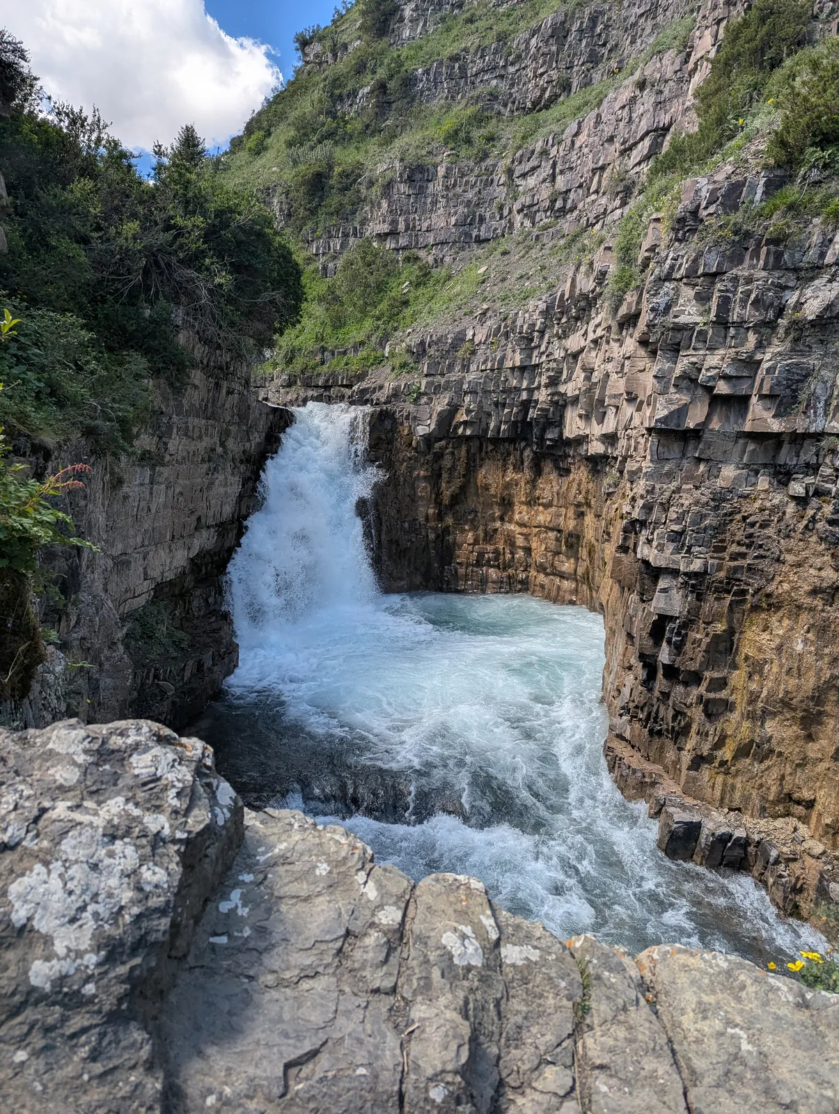 Tekes Waterfall dropping out of a basalt-walled basin at 2,500 metres